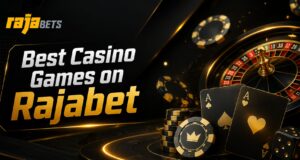 Best casino games on Rajabet with cards, roulette, chips, and premium Rajabets logo design.