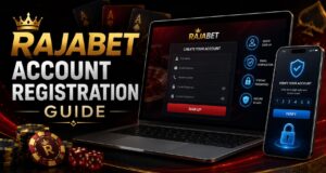 Rajabet account registration guide image with secure signup, login verification, casino chips, cards, and online gaming dashboard.