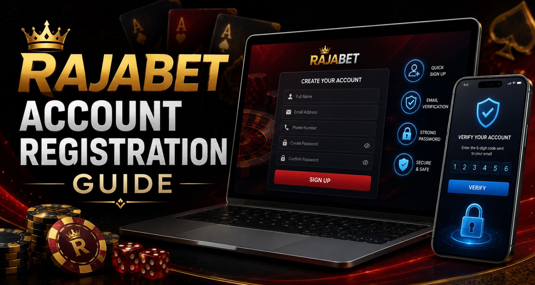 Rajabet account registration guide image with secure signup, login verification, casino chips, cards, and online gaming dashboard.